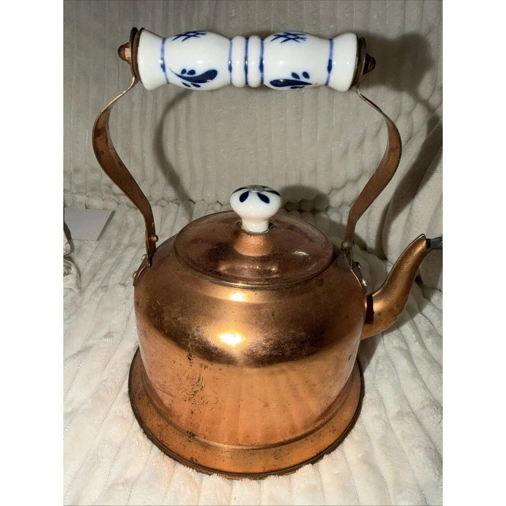 Vtg Copper Tea Kettle Porcelain Handle & Lid Knob Decorative Teapot Pantina